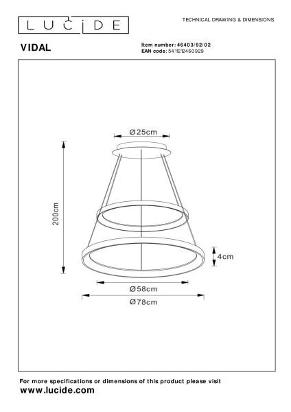 Lucide VIDAL - Pendant light - Ø 78 cm - LED Dim. - 1x92W 2700K - Matt Gold / Brass - technical